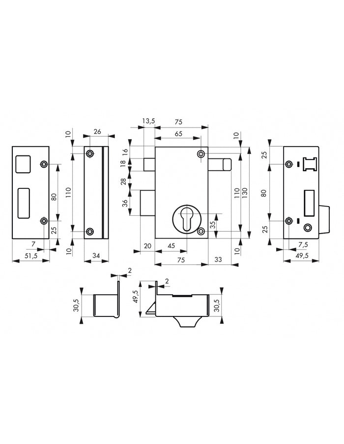Serratura verticale da applicare doppio cilindro a tirante per porta esterna, asse 45mm, sinistra, 75x130mm, nero - THIRARD