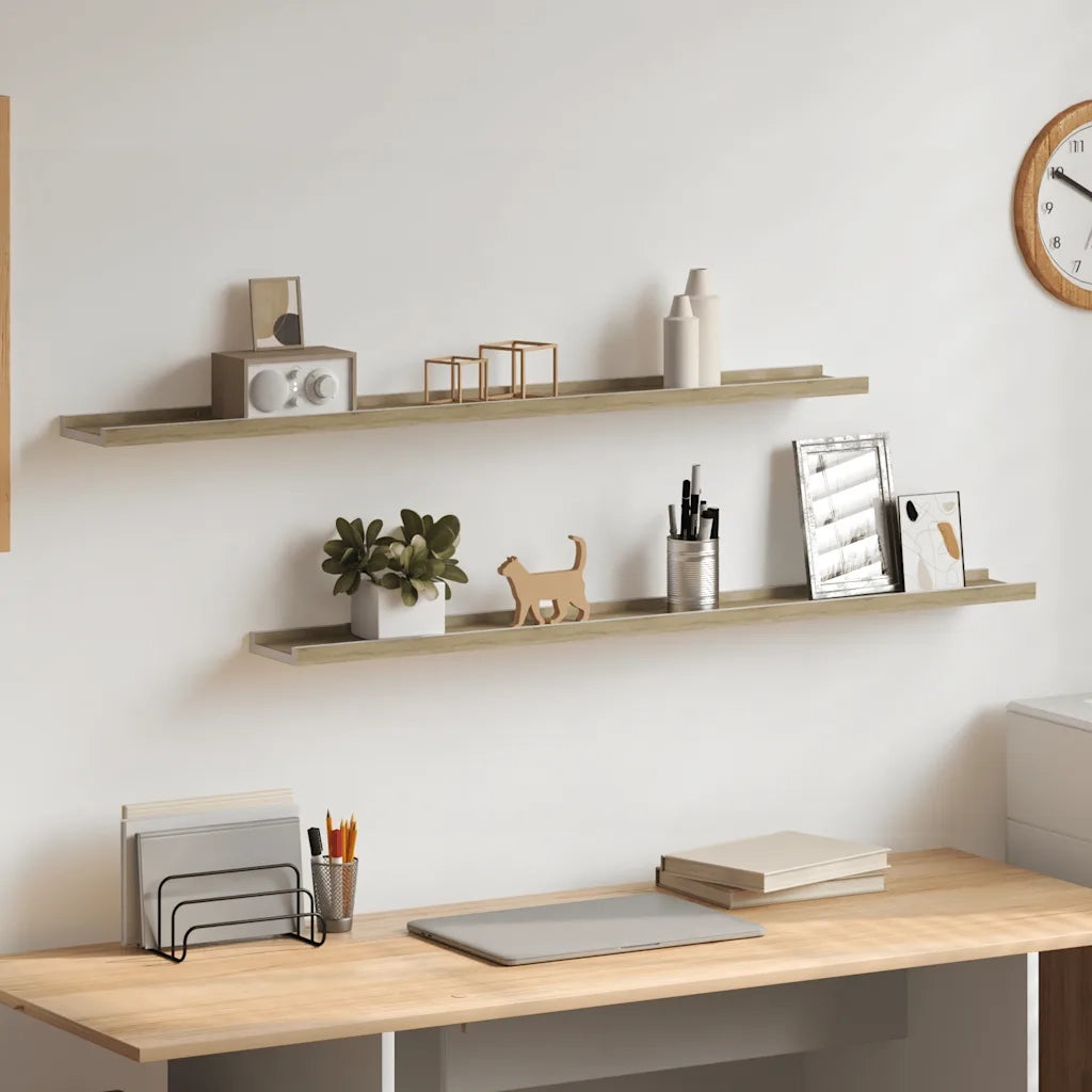 2 pz Mensole da Parete | Scaffali a Parete | Ripiano a parete Bianco e Rovere Sonoma 100x9x3 cm