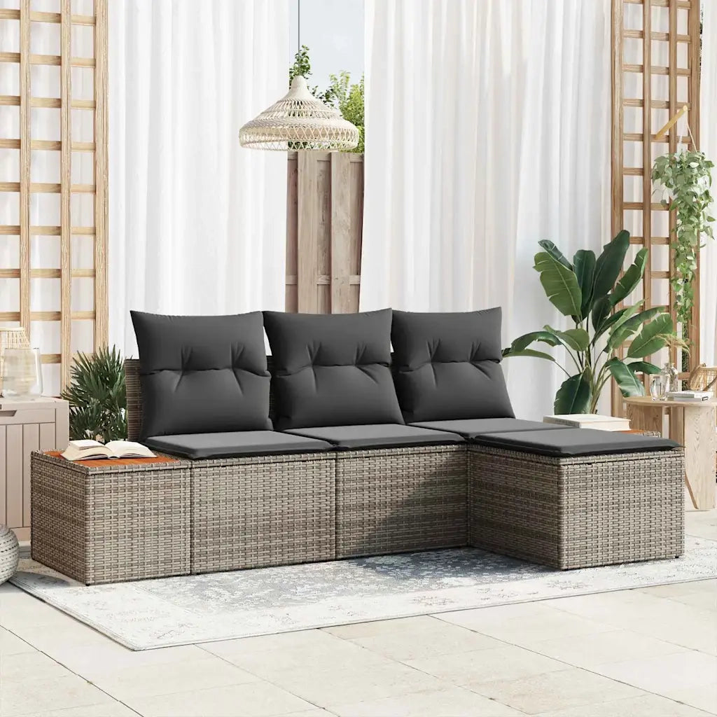 Set Divano da Giardino con cuscino 4 pz | Set Salotto da Giardino Grigio polyrattan