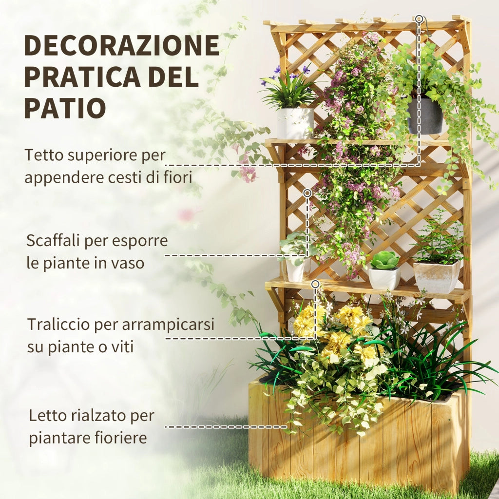 Fioriera Rettangolare con Traliccio per Piante Rampicanti 76x33x177 cm Fori di Drenaggio e 2 Mensole in Legno di Abete