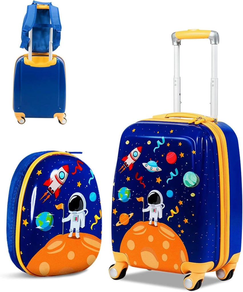 Set di Valigia 18’’ + Zaino 12’’ per Bambini 2 Pezzi, Bagagli 2-in-1 con Zainetto da Viaggio Aereo, Trolley con Maniglia Telescopica e 4 Ruote a 360° (Rosa Sirena)