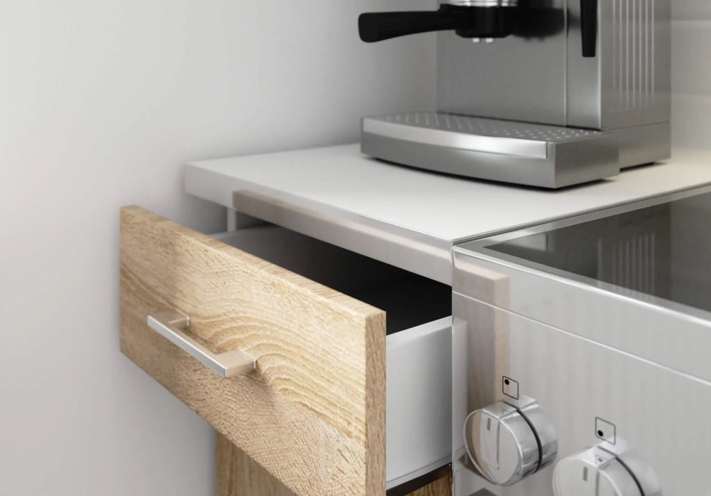 Set da cucina con vetrina AKORD LIMA 2,4 m H720 Bianco 240 cm 11 ante 1 cassetto frontale Rovere Sonoma 240×44,5×203 cm