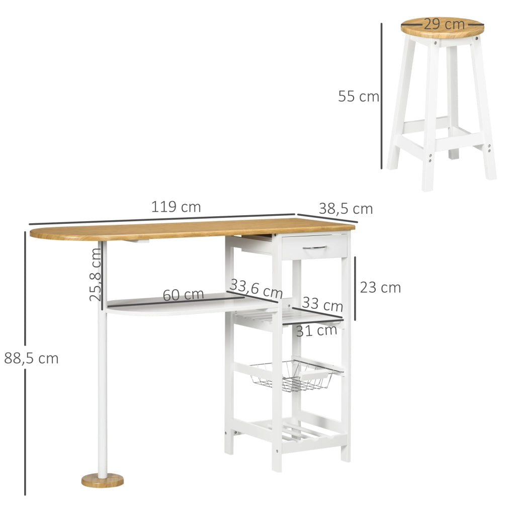 Set tavolo da bar con cestino e bottigliere e 2 sgabelli ¨C zephmum ¨C Bianco 119x38,5x88,5 cm