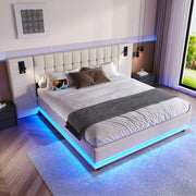OKWISH Letto Imbottito 180×200 cm, Letto Matrimoniale con LED Regolabile, USB e Lampada da Lettura, senza Materasso, Lino, Beige