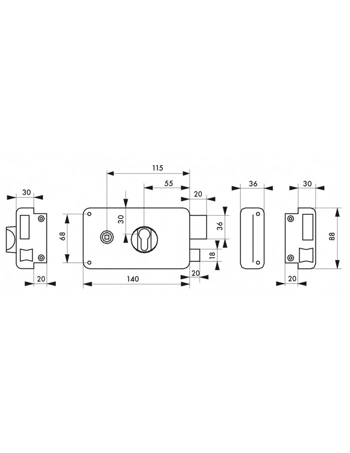 Serratura da applicare doppio cilindro con quadro maniglia , destra , asse 55mm, 140x88mm, nero - THIRARD