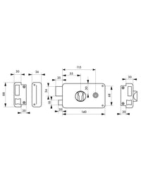 Serratura da applicare doppio cilindro con quadro maniglia , sinistra , asse 55mm, 140x88mm, nero - THIRARD
