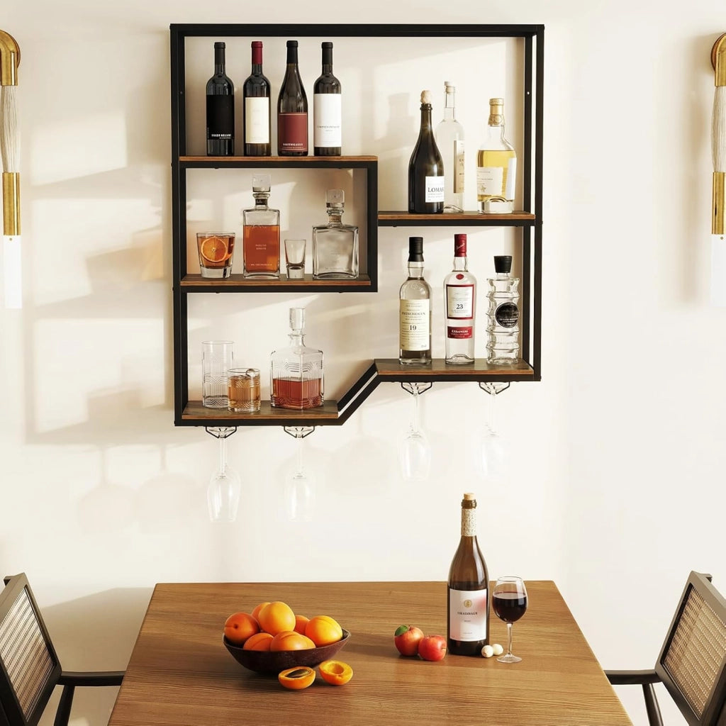 Scaffale per bottiglie di vino da parete, a 6 livelli, con 4 supporti in vetro e robusto telaio in metallo, per casa, bar, cucina, sala da pranzo e soggiorno