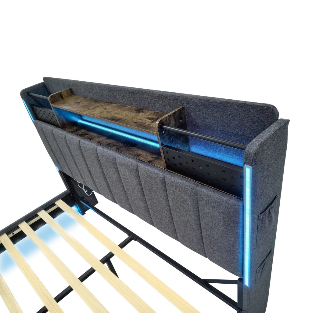 Letto imbottito 140 x 200 cm grigio con LED, USB e testiera contenitore