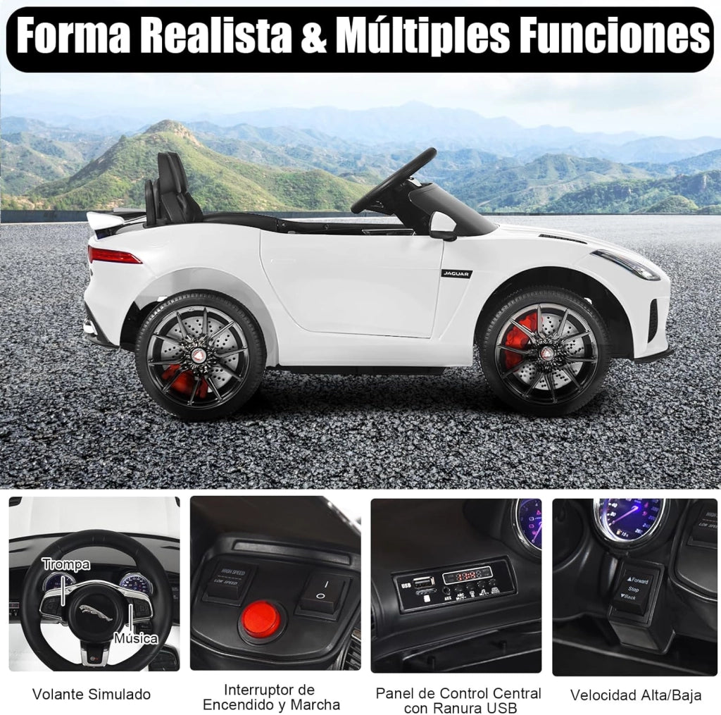 Macchina Elettrica per Bambini Jaguar 12V con Telecomando, Auto Elettrico a Pedale e Cinture di Sicurezza, Veicoli con Multimedia, Clacson e Luci, Velocità 3-5 km/h, Carico 25 kg (Bianco)