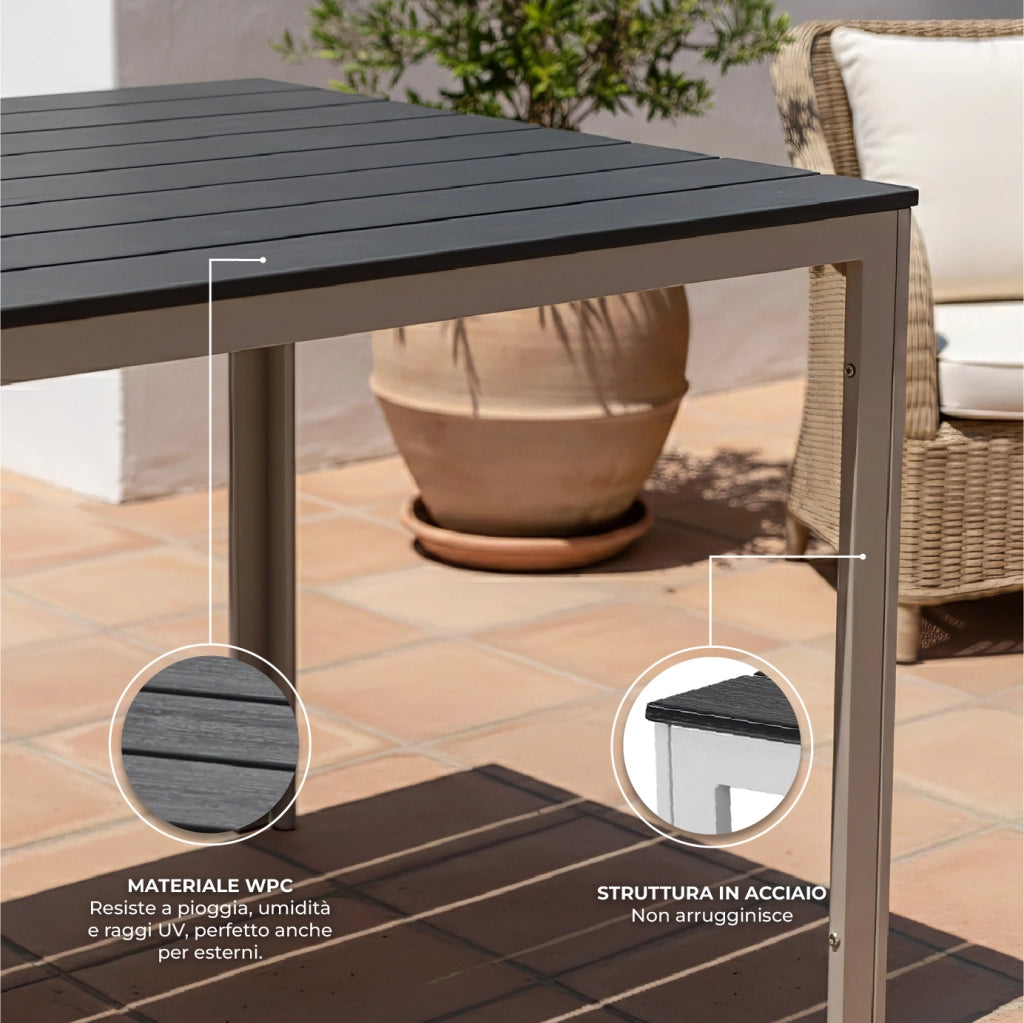 Tavolo da Esterno 6/8 Posti in Acciaio Inox e HDPE Effetto Legno – Tavolo Giardino Grande Resistente a Pioggia, UV e Ruggine, Design Moderno per Terrazzo e Patio 154x78 cm  Grigioscuro
