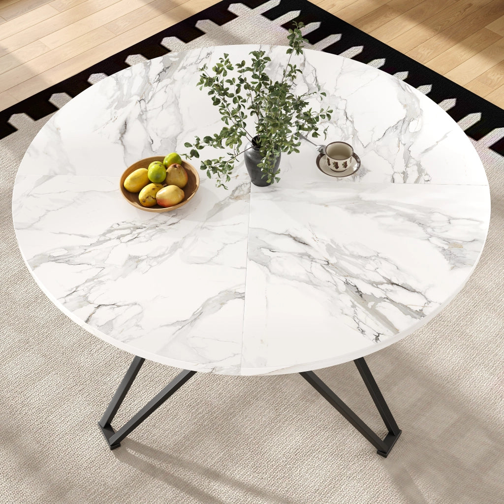 Tavolo da pranzo rotondo con piano in MDF effetto marmo e base in metallo, per cucina e soggiorno, nero, 100 × 100 × 76 cm