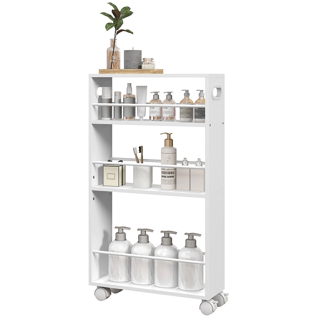 Carrello da Cucina e Bagno Salvaspazio a 3 Livelli con Barre Laterali e Ruote con Freni, Bianco