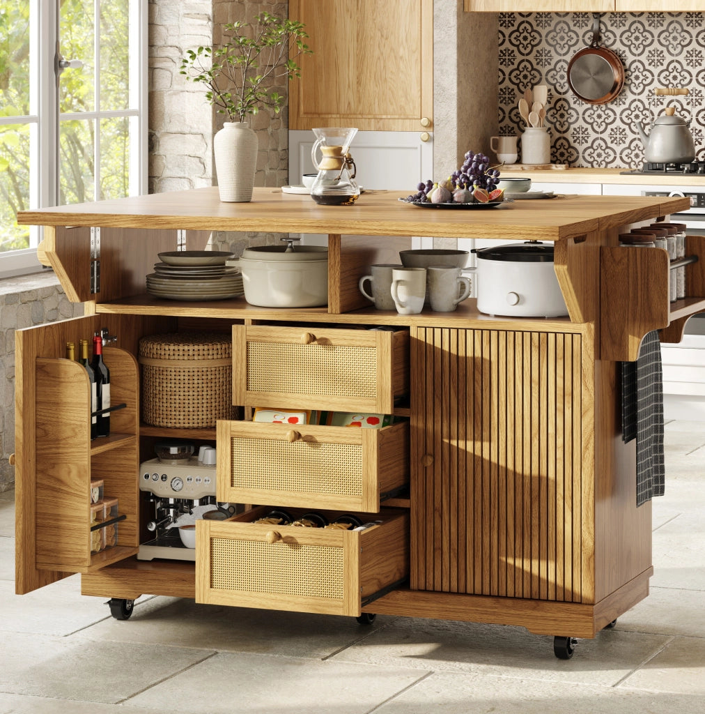Carrello da cucina pieghevole con ripiani e cassetti in rattan