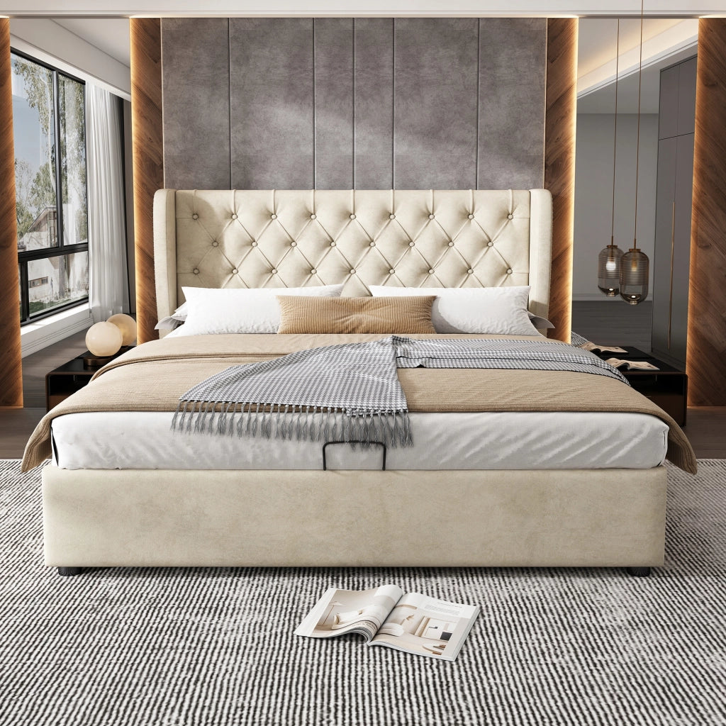 Letto imbottito 160x200 - Xylo - Beige velluto idraulico