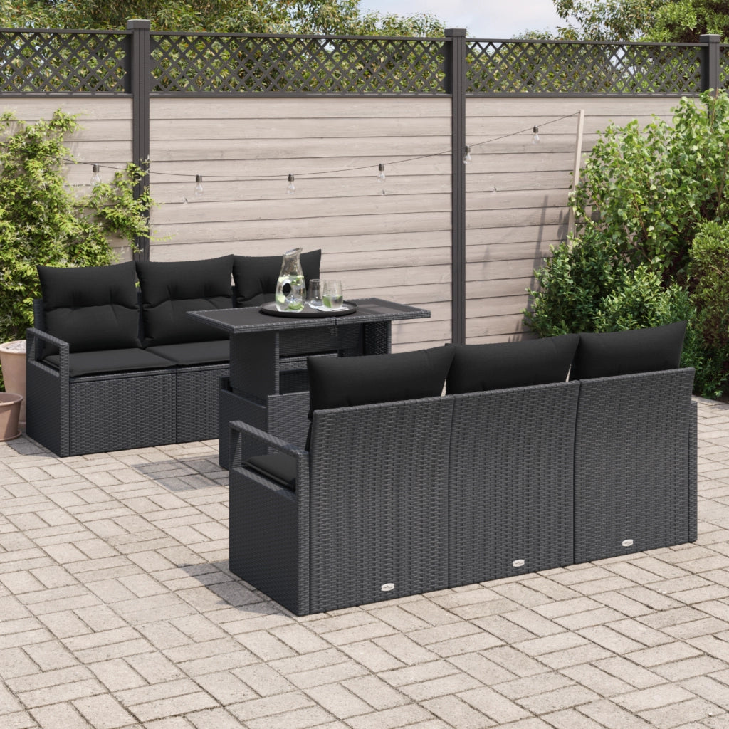 Set divani da giardino 7 pezzi con cuscini Nero Polirattan