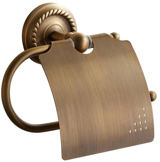 Antico contenitore per carta igienica con coperchio, interamente in rame, ottone, bronzo, con supporto a parete