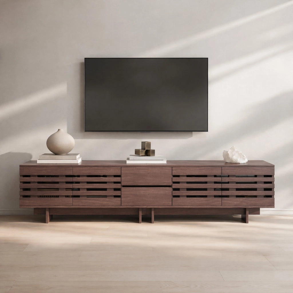 Mobile TV moderno in effetto noce, 200 x 39,5 x 55 cm, con 2 cassetti, 4 ante e 6 vani contenitori