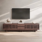 Mobile TV moderno in effetto noce, 200 x 39,5 x 55 cm, con 2 cassetti, 4 ante e 6 vani contenitori