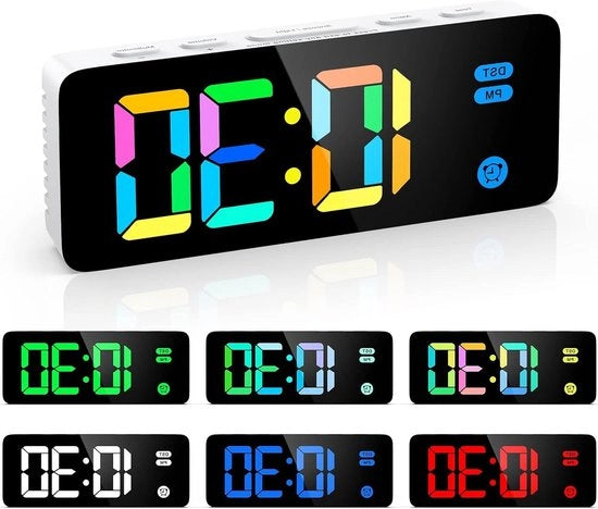 Wekker digitale con schermo LED arcobaleno per camerini dei bambini - 4 livelli di luminosità e 3 livelli di volume - modalità sonno (incluso cavo USB da 15 m)