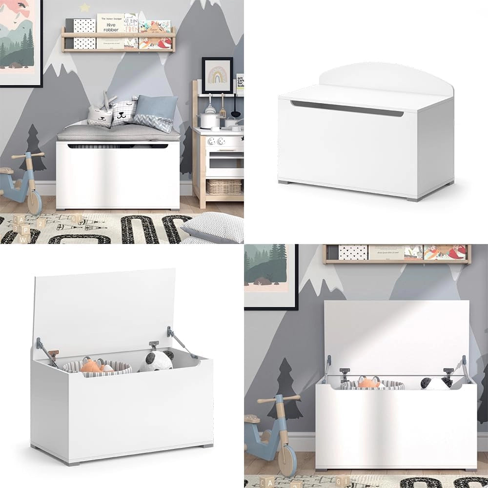 Cassapanca per giocattoli Arno, Bianco, 85 x 63.7 cm con coperchio, utilizzabile come soluzione di conservazione per giocattoli e accessori