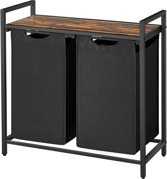 Cestino per Lavanderia a 2 Comparti con Borse in Tela Oxford Rimovibili - Struttura in Metallo - 2 x 46 L - 73 x 33 x 72 cm - Misto Cuoio e Nero
