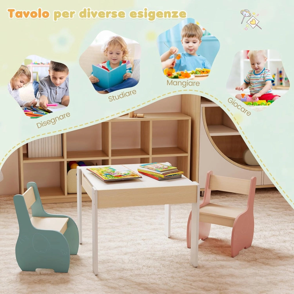 3 in 1 Set Tavolo e Sedie per Bambini, Tavolo da Attività per Bambini con 2 Sedie, Lavagna Rimovibile e Deposito, per Giocare, Disegnare e Leggere, in Legno (Multicolori)