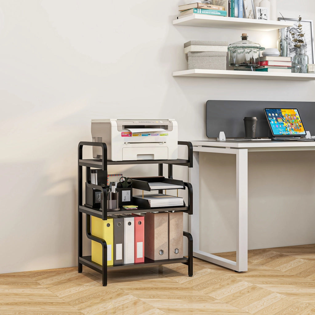 Supporto per Stampante Industriale a 3 Livelli, in Metallo e Truciolato, 55x40x77 cm, Nero