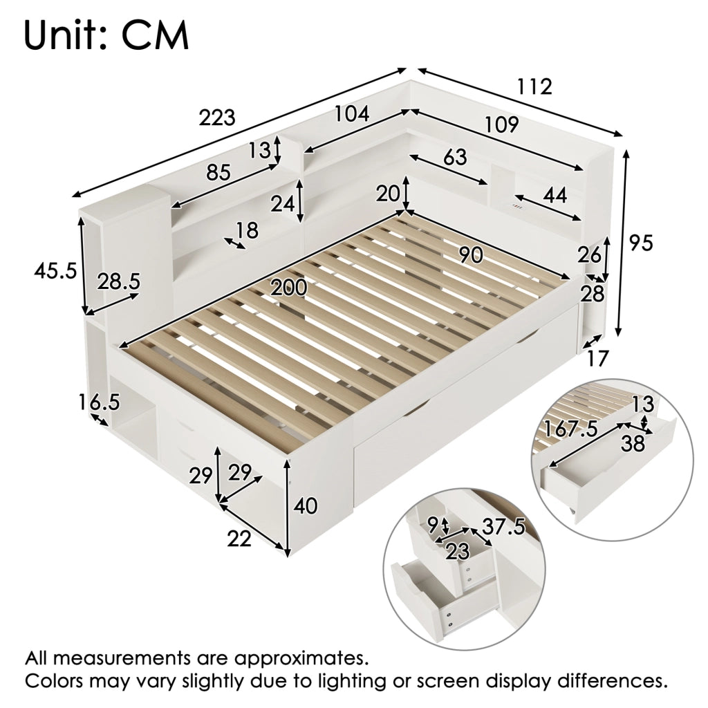 Letto giorno 90x200 cm bianco con LED, USB e Type-C, con cassetti, ripiani e materasso incluso