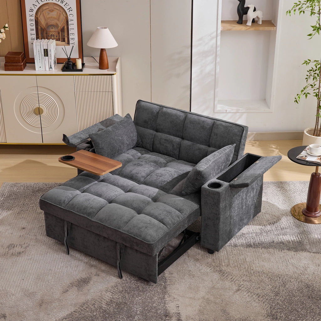 Divano letto pieghevole 3-in-1 grigio con schienale regolabile, USB e vano contenitore