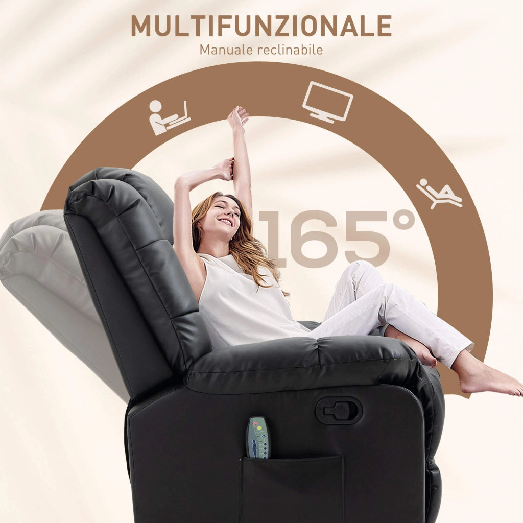 Poltrona Relax con 8 Punti Massaggio e Reclinazione a 165° in Finta Pelle Nero