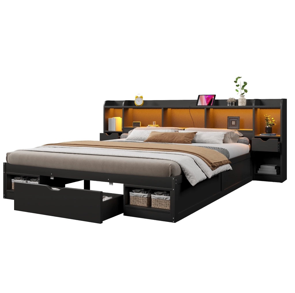 Letto matrimoniale 180x200 cm con LED, USB e cassetti nero