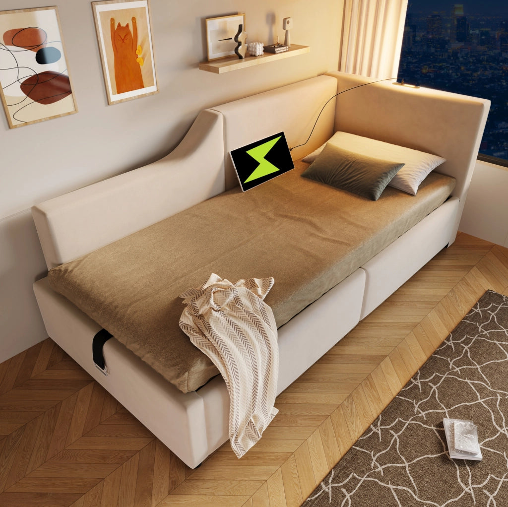 Letto singolo a divano 90x190 cm in velluto beige con vano