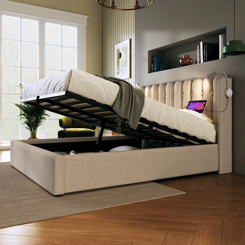 Letto a cassone imbottito 140x200 cm - Xylo - Beige con funzione di carico e due lampade da lettura