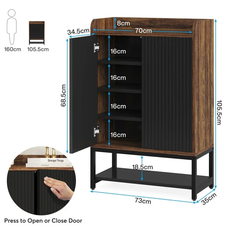 Scarpiera da ingresso a 5 ripiani con ante; 73 x 35 x 105;5 cm; in metallo e legno; nero e marrone