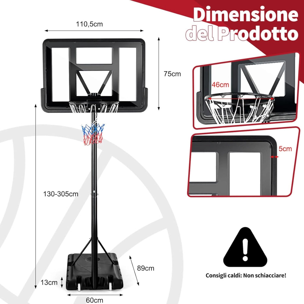 Canestro da Basket Portatile per Adulti, Canestro Basket Regolabile in Altezza 1,3M-3,05M con Ruote Tabellone Infrangibile e Retina Durevole, Adatto a Interno Esterno, Nero