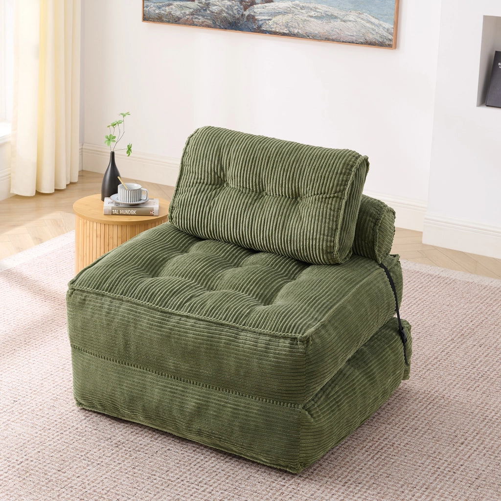 Pouf, divano letto pieghevole, velluto a coste, schienale regolabile, pronto all'uso, verde