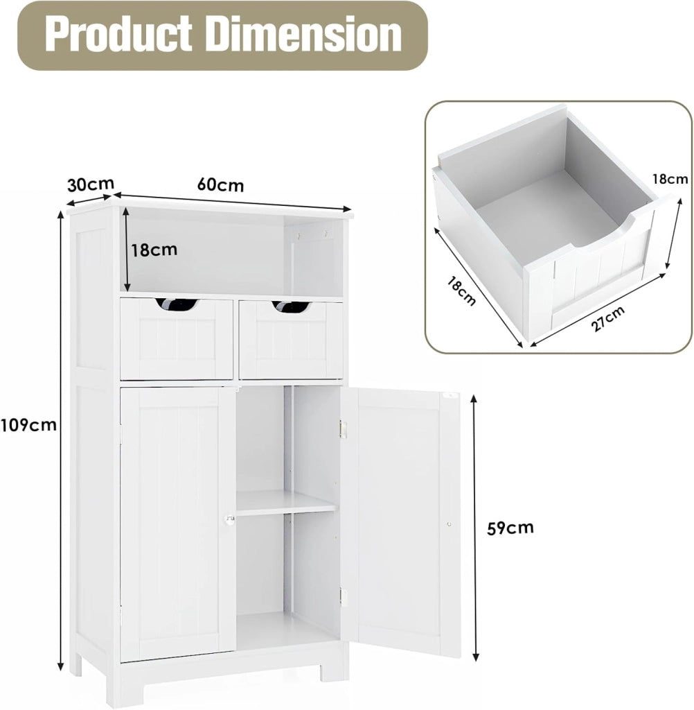 Mobile da Bagno con 2 Cassetti e 2 Armadi a Porta, 60 x 30 x 109 cm, Armadietto da Terra Autoportante in MDF, Armadio d’Archivio per Soggiorno, WC, Camera da Letto, Cucina (Bianco)