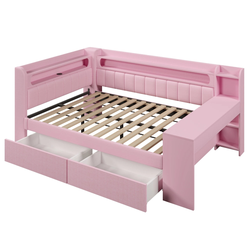 Letto imbottito rosa 140x200 cm con scrivania integrata; LED e 2 cassetti