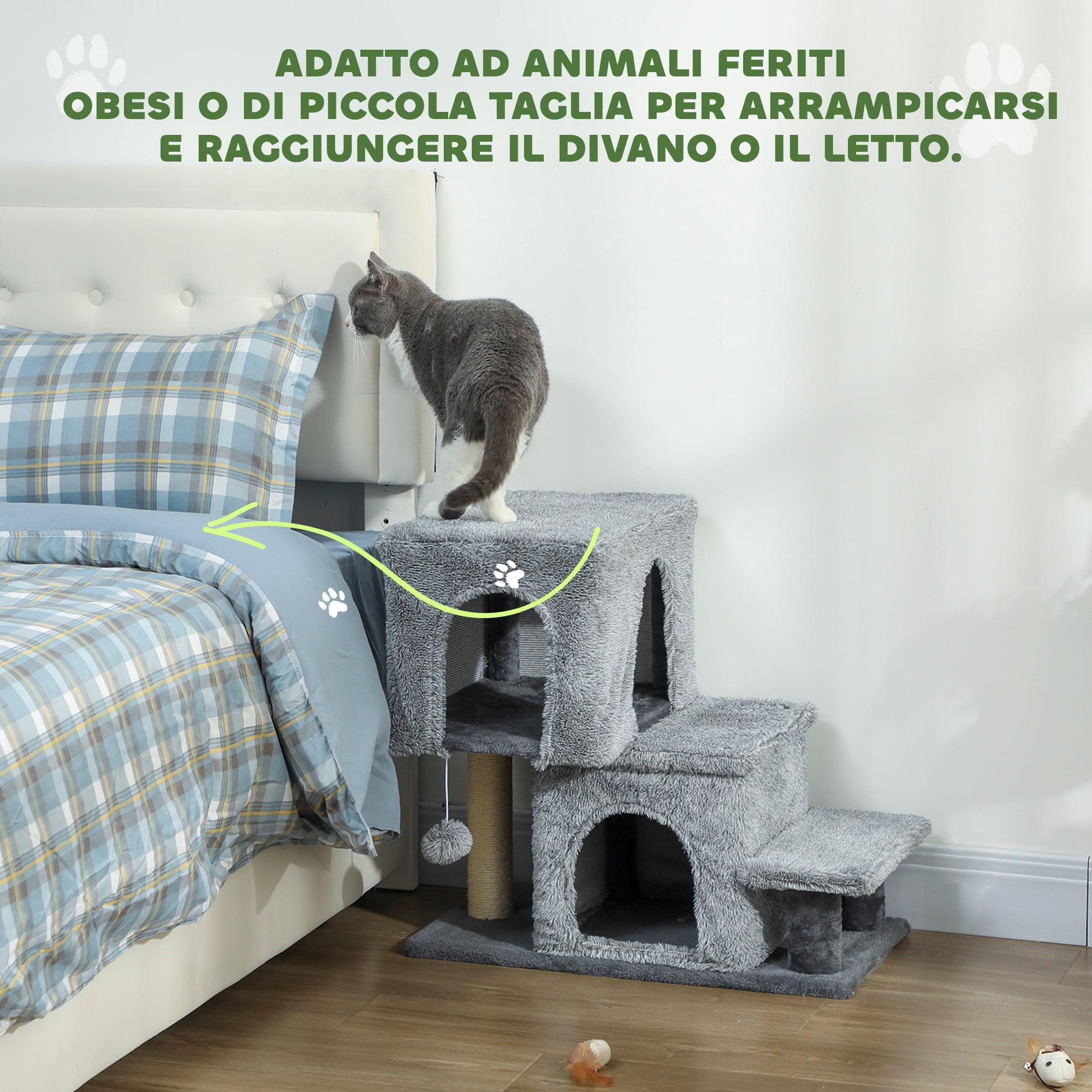 Scaletta per Gatti a 4 Gradini 60x34x77cm con 2 Casette e Tiragraffi Grigio