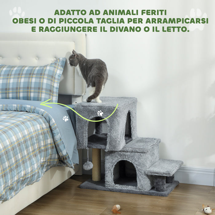 Scaletta per Gatti a 4 Gradini 60x34x77cm con 2 Casette e Tiragraffi Grigio