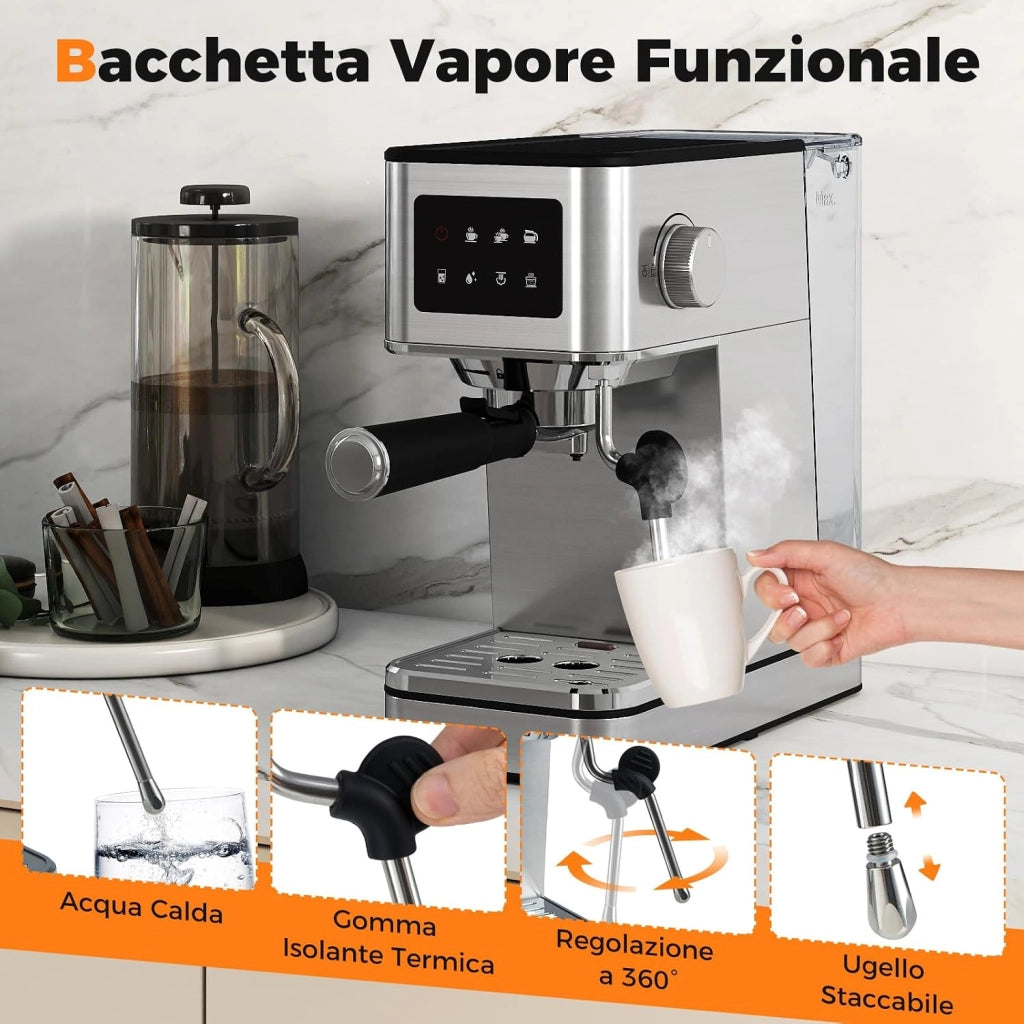 Macchina da caffè Automatica, Schermo a Sfioramento, Macchina per Espresso in Acciaio Inossidabile per Cappuccino Latte Macchiato, 26 x 21 x 28 cm