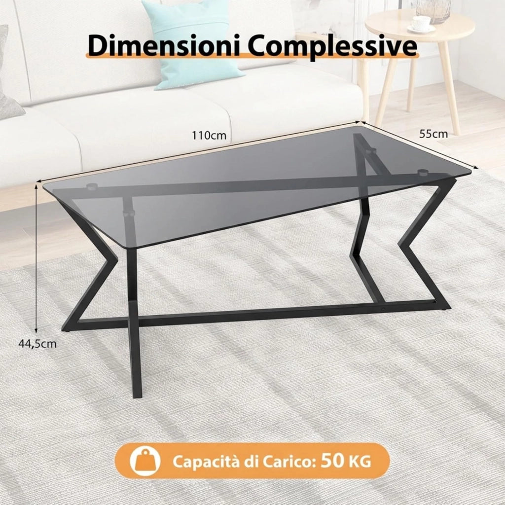 Tavolino da Salotto in Vetro, Tavolino da Caffè Rettangolare con Piano in Vetro Temperato e Struttura Geometrica in Metallo, Tavolo Basso Moderno per Soggiorno, Ufficio e Studio