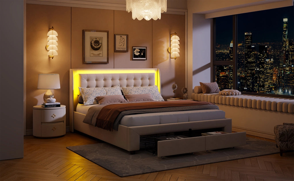 Letto imbottito beige con cassetto contenitore e luce LED; 200x140x42 cm