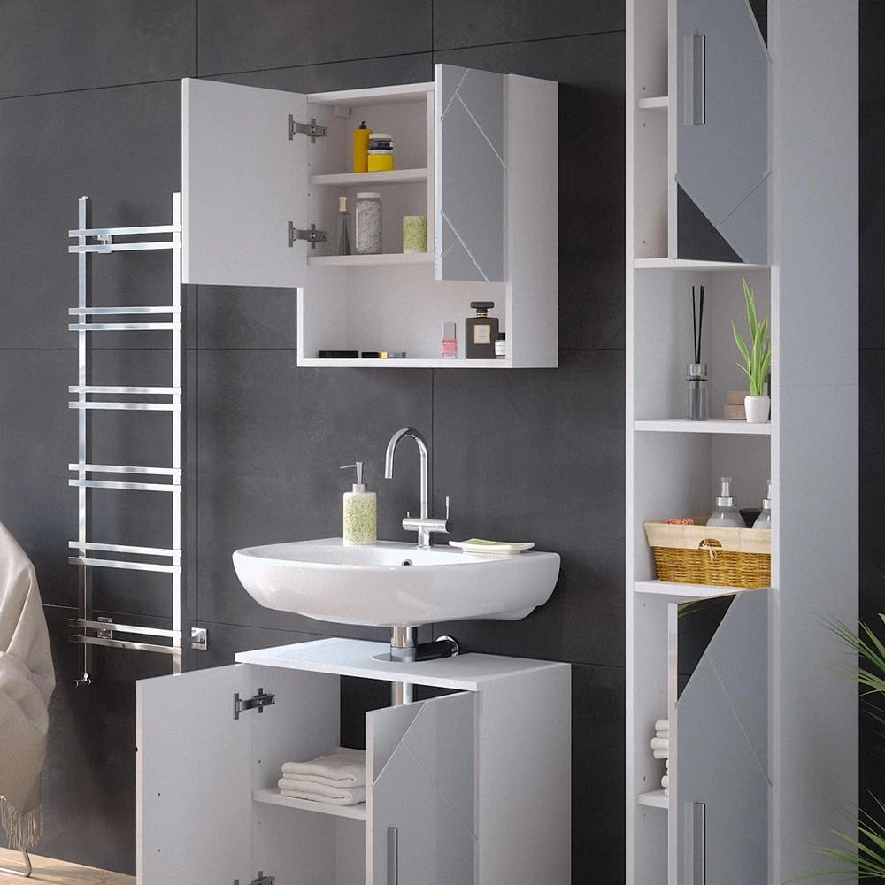 Set mobili bagno Irma, Bianco lucido con inserti, 80 cm, composto da mobile sottolavabo, specchiera e colonna alta