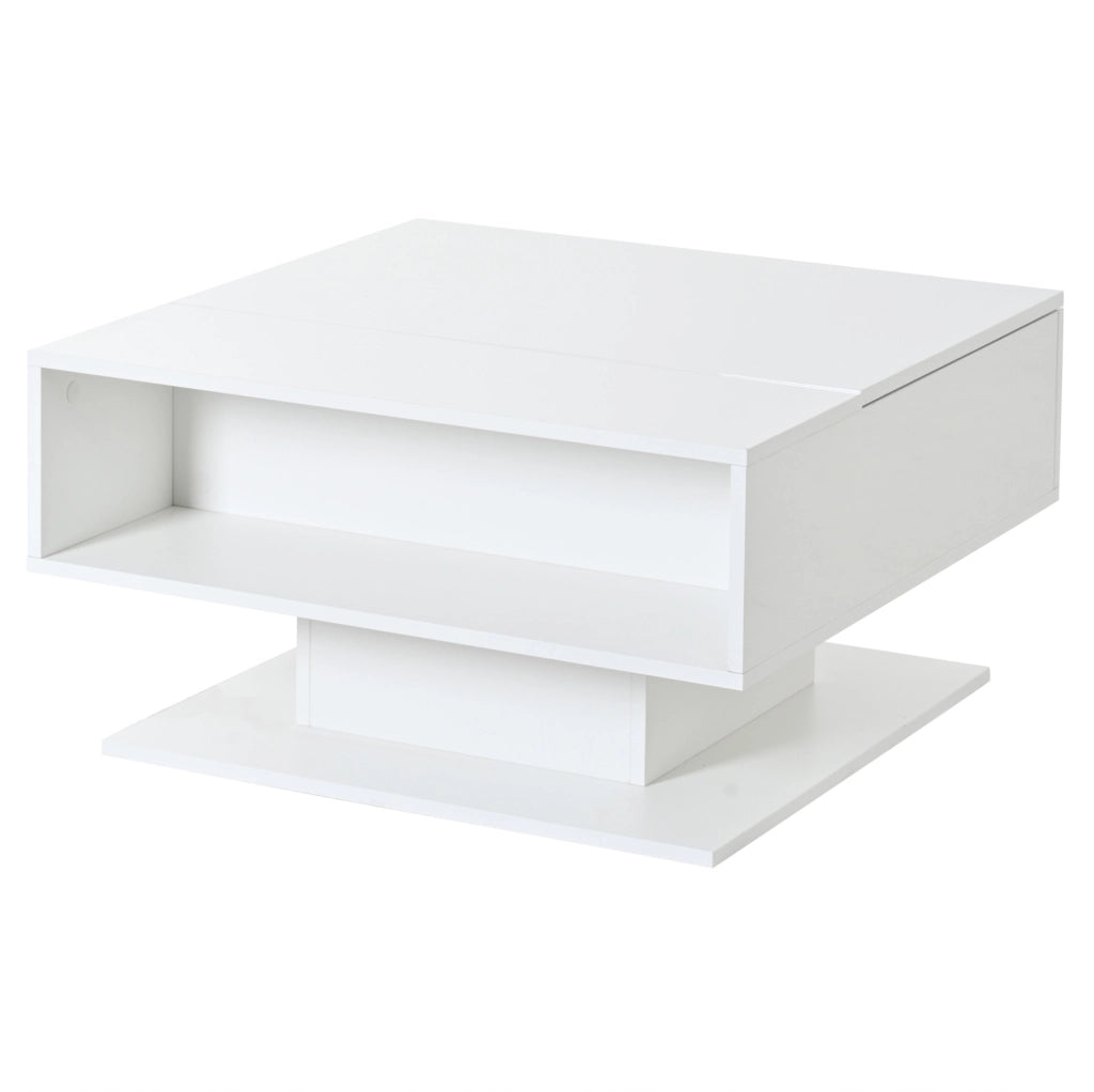 Tavolino da salotto elevabile con LED e vani contenitore; 80 x 75 x 40 cm; bianco