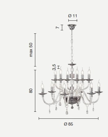 LAMPADARIO LIVIA 12 LUCI OTTANIO- TRASPARENTE E CROMO ATTACCO E14 D.85CM