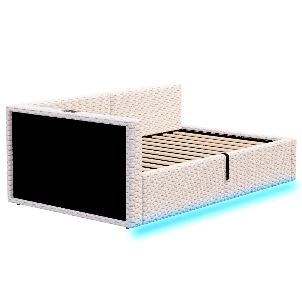 Letto imbottito 90x200 cm con LED; porte USB e contenitore idraulico; in velluto beige