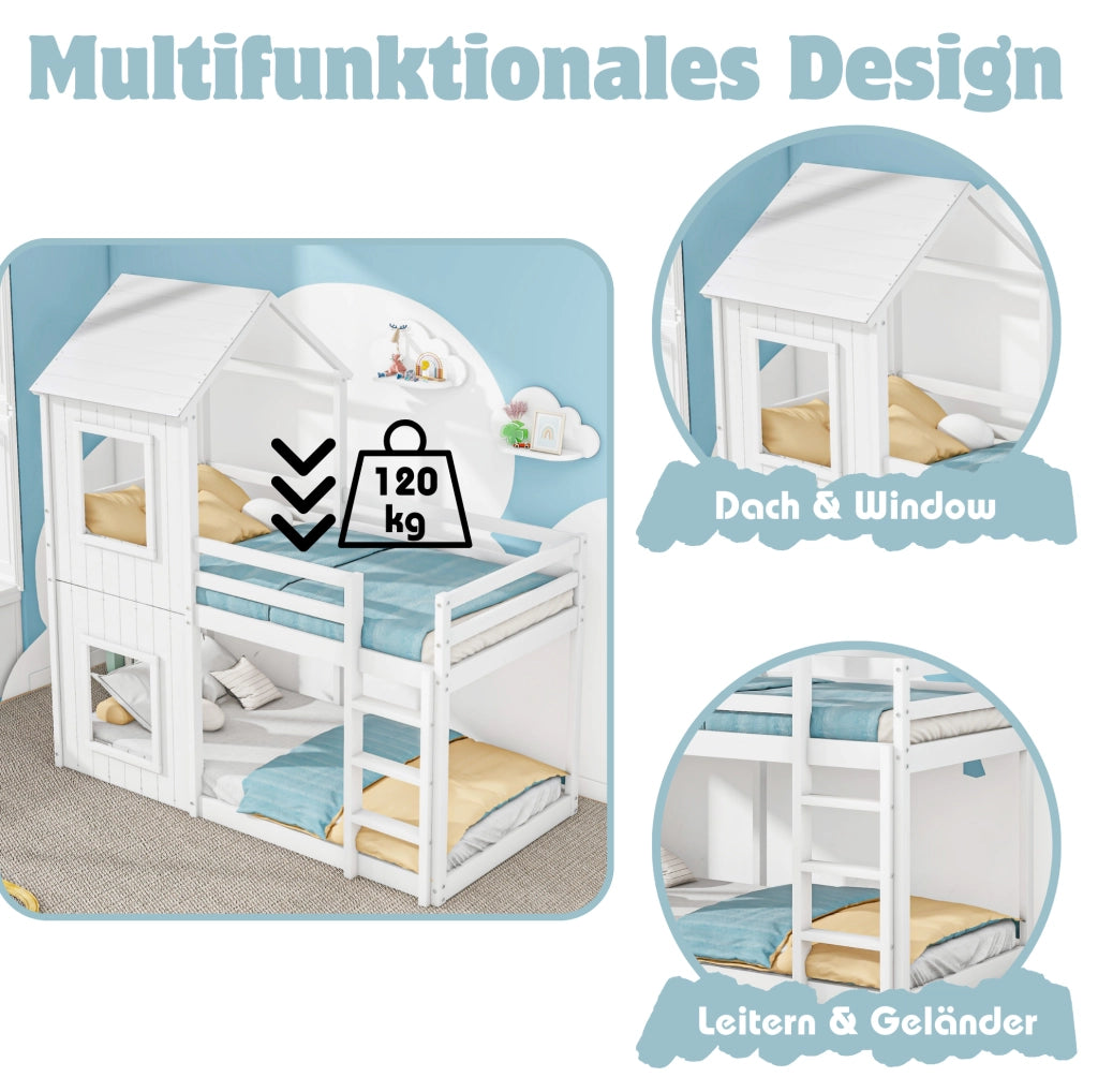 Letto a castello per bambini 90x200 cm in legno di pino bianco con sponde di sicurezza