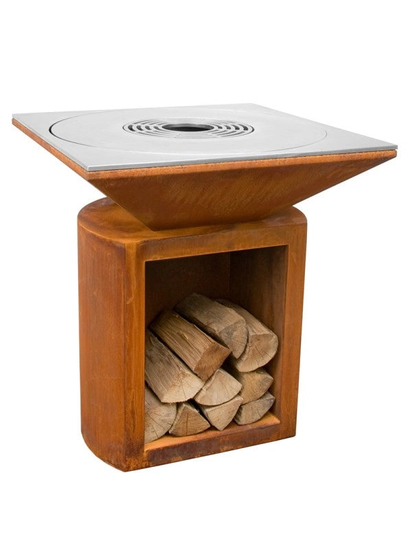 Braciere da giardino, Barbecue con foro per wok e griglia con gambe in acciaio - G2 corten