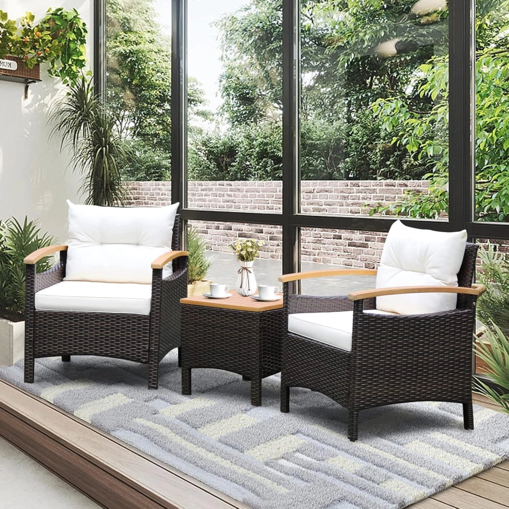 Set di 3 Pezzi di Mobili da Patio, 1 Tavolino e 2 Sedie, con Cuscino Rimovibile, Set di Divani in Rattan per Cortile Piscina Balcone e Patio